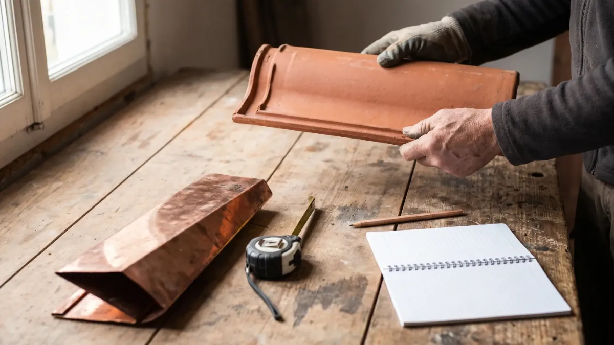 Mains tenant une tuile en terre cuite au-dessus d’une table avec une chute de cuivre, un mètre ruban et un carnet (illustration)